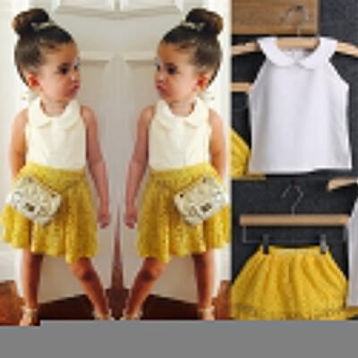 

Kids Baby Girls Sleeveless TopYellow Lace Printing Dress 2Pcs Suit Outfit Set