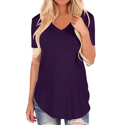 

Nomeni Womens Short Sleeve V-Neck Irregular Hem Loose Casual Tee T-Shirt Tops