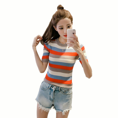 

Womens Casual O Neck T Shirt Striped Short Sleeve T-Shirt Slim Knitted Tee Tops Ladies t shirt