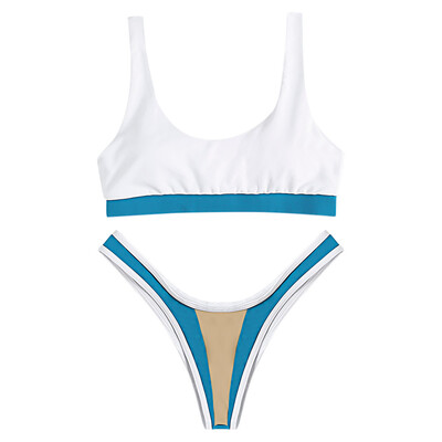 

Sexy Scoop Neck Sleeveless Color Blocking Patchwork Padded Elastic Mid Waist Women Bikini Set