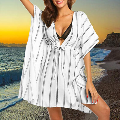 

Women Loose Cover ups Striped Print Deep V Neck Open Side Drawstring Waist Oversized Tunics Beach Bikini Swimsuit Cover Dress