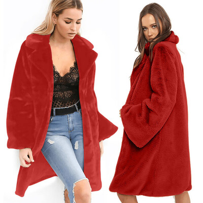 

Roseonmyhand Fashion Women Solid Medium Long Windbreaker Turn-Down Collar Warm Plush Coat