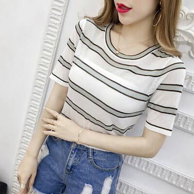 

Womens Casual O Neck Striped Short Sleeve Thin Perspective Knitted Pullover T-Shirt