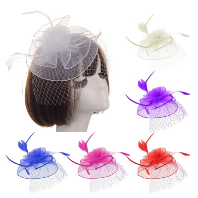 

Fashion Women Fascinator Mesh Hat Ribbons And Feathers Wedding Party Hat