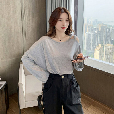 

Autumn Women T Shirt Sexy Round Collar Sexy Off-shoulder Slim Solid Color Thin Section Long Sleeve T-shirt Tops