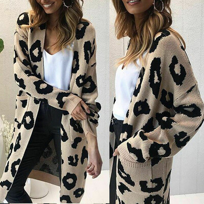 

Womens Leopard Print Cardigan Coat Tops Ladies Knitted Sweater Jumper Long Coat