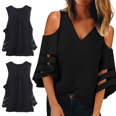 

Fashion Women Cold Shoulder Casual Loose Chiffon 34 Sleeve Shirts Blouse Tops