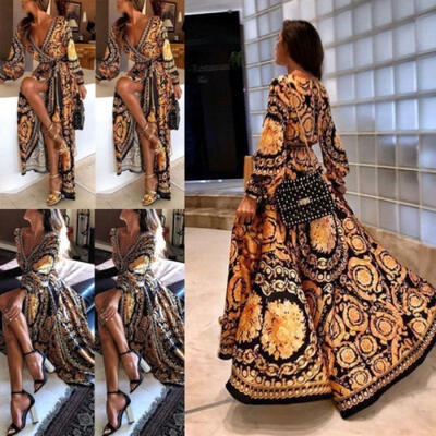 

Women Fashion Retro Long Shoulder Party Dress Ladies Split Boho Long Printed Dress