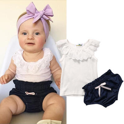 

2PCS Toddler Kids Baby Girls Outfits T-shirt Lace Tops Denim Pants Clothes Set