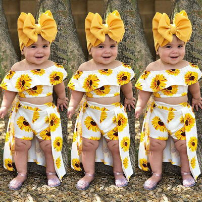 

Toddler Kids Baby Girl Sunflower Crop Tops Shorts Dress Headband Outfits Sunsuit 3pcs