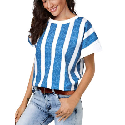 

Nomeni Women Casual Short Sleeve Striped Print O-Neck Tops Blouse T-Shirt Tops