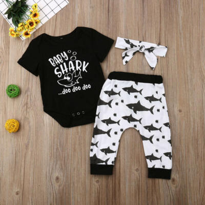 

Infant Newborn Baby Girl Boy Shark RomperPants Headband Clothes Outfit Jumpsuit