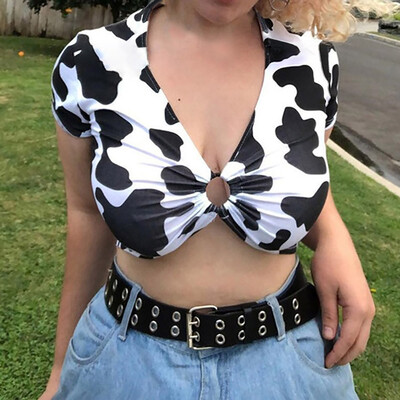 

Nomeni Fashion Womens Sexy V-Neck Short-Sleeved Buttonhole Cow Pattern Top T-Shirt