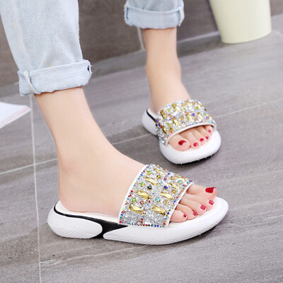 

Ins Slippers Female Summer Korean Version Baita Flat Bottom Slippers Thick Bottom Fashion Water Drill Beach Shoes