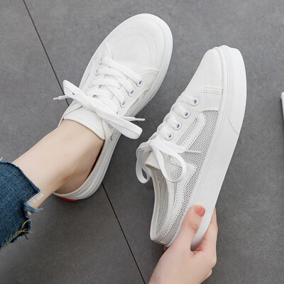 

White canvas womens shoes 2019 summer new half slippers&lazy summer shoes Joker spring tide shoes