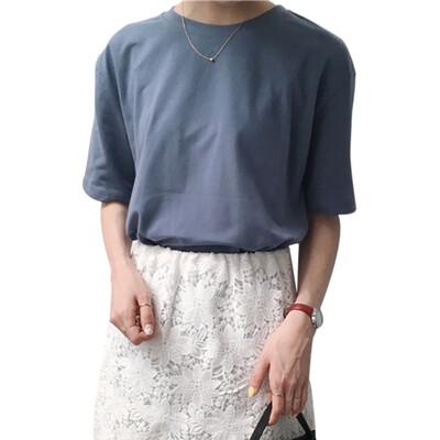 

Solid Color loose Casual Female Shirt College Wind O-neck Short-Sleeved T-Shirt Female