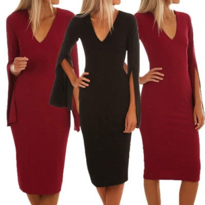 

Women&39s Elegent V Neck Long Bell Sleeve Cocktail Party High Waist Bodycon Midi Dress