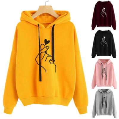 

US Women Men Couples Clothes Hoodie Coat Print Finger Heart Sweatshirts Pullover