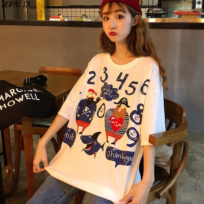 

Womens Cartoon & Number Printed Short Sleeve Loose T-Shirt O-Neck Korean Style Combed Cotton T-Shirts