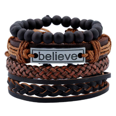 

YEDUO 4 Pieces Beads Braided Leather Believe Charm Bracelet For Men