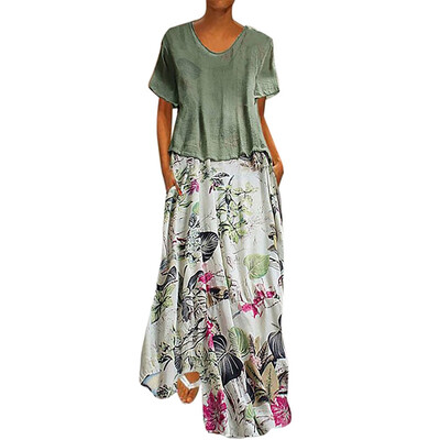 

Women Casual Vintage Summer Dresses Printing Patchwork O-Neck Two Pieces Plus Size Pockets Maxi Linen Dress