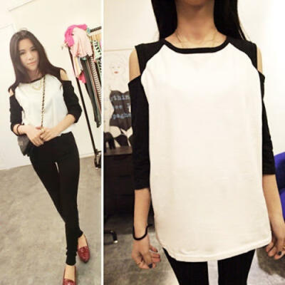 

Korean Black White Splice 34 Sleeve Blouse Women Off Shoulder Sexy Tops T-Shirt