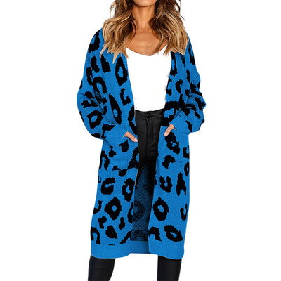 

Nomeni Fashion Women Knitted Leopard Print Long Sleeve Cardigan T-shirt Sweater Coat