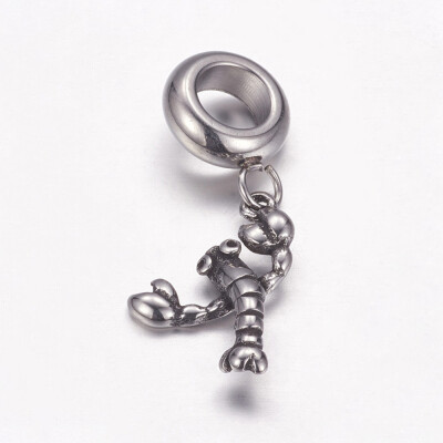 

304 Stainless Steel European Dangle Beads Large Hole Pendants Lobster Antique Silver 26mm Hole 5mm Pendant 15x13x25mm