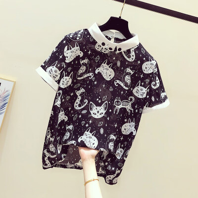 

Women Summer Elegant And Fashion Design Round Collar Cartoon Cat Print Loose Half Sleeve Casual T-Shirt Simple Wild Tops