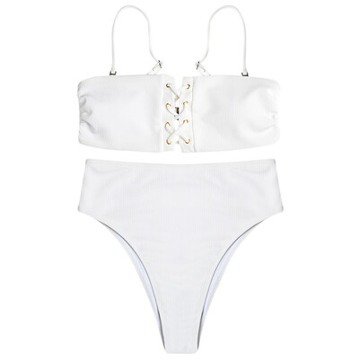 

Spaghetti Strap Strapless Padded Lace-up High Waist Women Bikini Set