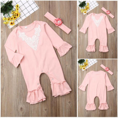 

Newborn Baby Girls Flare Sleeve Lace Romper Jumpsuit Bodysuit Outfits Clothes US