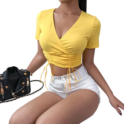 

Women Summer T Shirt Fashion Slim Fit All-match Solid Color T-shirts Sexy V Neck Short Sleeve Tops tee shirt femme 2019 New