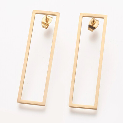 

304 Stainless Steel Stud Earrings Rectangle Golden 45x13x15mm Pin 09mm