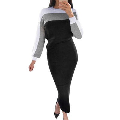 

Sexy Women Two-piece Set Contrast Color Blouse Sweatshirt Long Sleeve Bodycon Midi Skirt Suits Outfits GreyBlack