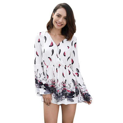 

Sexy Print Jumpsuit V-neck High Waist Women Flare Long Sleeve Playsuit