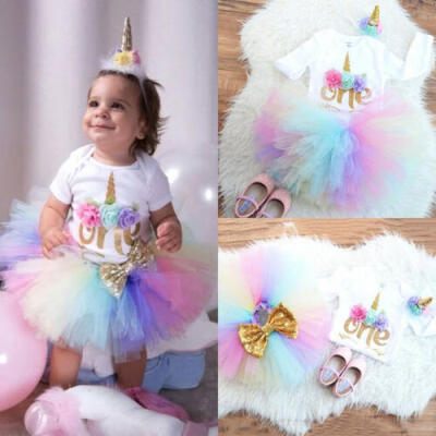 

Newborn Baby Girls 1st Birthday Unicorn Romper Rainbow Tulle Skirt 3PCS Outfits