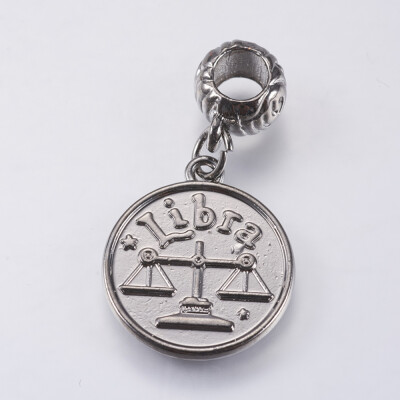 

Alloy European Dangle Beads Large Hole Pendants ConstellationZodiac Sign Gunmetal with Word Charming Libra 33mm