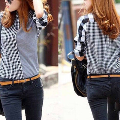 

Women Lady OL Summer Plaid Shirt Long Sleeve Lapel Blouse Slim Fit Casual Top