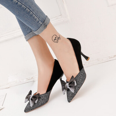 

Rose Casual Women Pointed Stiletto Shallow Mouth Single Shoes Bow Sequins High Heels