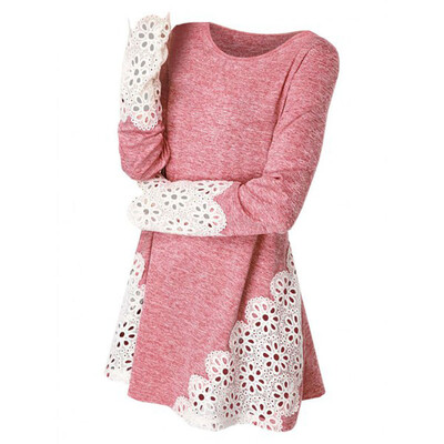 

Nomeni Womens Round Neck Lace Patchwork Shirts Tops Tunic Long Sleeve Blouse BKL