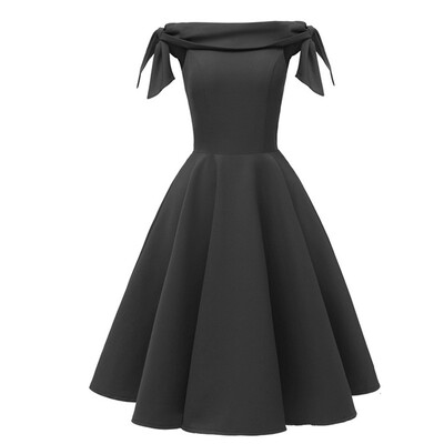 

Lace up Off shoulder Party Dress Women Clothes Vintage Evening Short Sleeve Midi A-Line Solid Slash Neck Dress