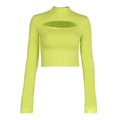 

Women Sexy Slim Navel Long Flare Sleeve T Shirt Hollow Out High Neck Tops