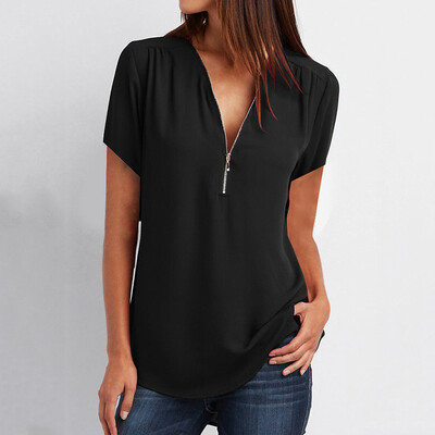 

Women Casual Loose V-neck Short Sleeve Chiffon Zip Tops Blouse T-shirt Hips Long