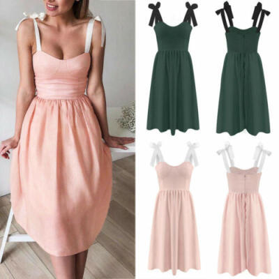 

Elegant Women Solid Strap Dress Cocktail Party Evening Summer Beach Sundress
