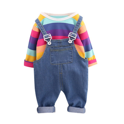 

2019 Spring Autumn Baby Boys Girls Clothes Sets Rainbow Stripe Print TopStrap Pants Cotton Girls Suits Children Clothing Sets