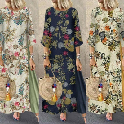 

Boho Womens Maxi Dress Ladies Summer Short Sleeve Long Kaftan Sundress Plus Size