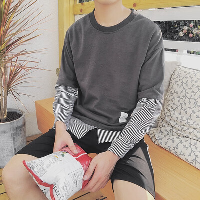 

Japanese shirt fake two-piece sweater sweater male stitching striped loose hem long-sleeved autumn dress