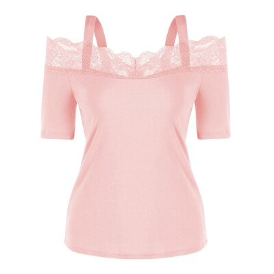 

Women Summer One Word Collar Long Sleeve Solid Color Loose Lace Stitching Casual T-shirt