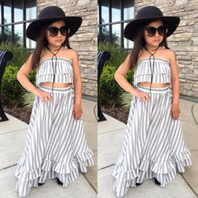 

US Kid Toddler Baby Girl Striped Tops Long Skirt Sundress Dress 2Pcs Set Clothes