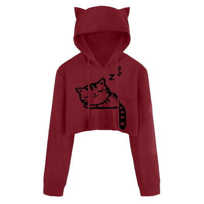 

Nomeni Women Sexy Casual Long Sleeve Cat Kitty Print Short Hoodies Blouse Top Pullover